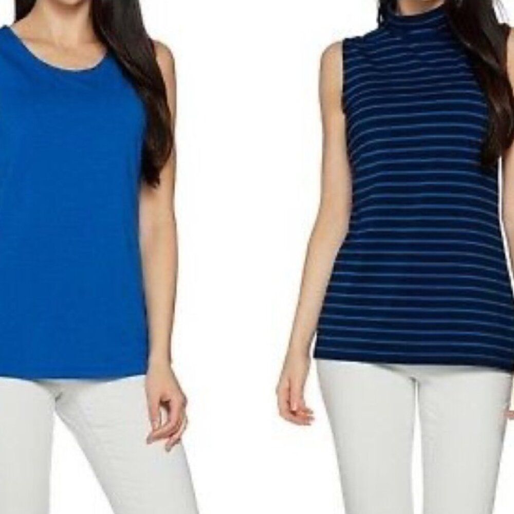 New Susan Graver Weekend Solid & Striped Cotton Modal Set of 2 Tops | Size XL